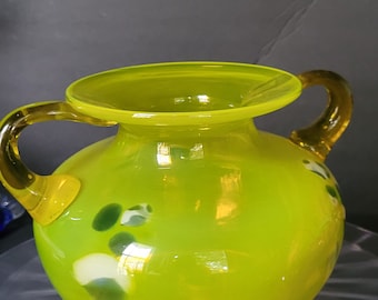 Stunning Art Glass Handled Bulbous Vase, Yellow Green w Blue Swirl mcm