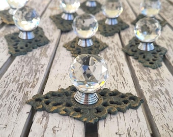 One 3.75" Vintage victorian ornate crystal knob/ Shabby Chic crystal knob Hook cast iron Decor dresser knob pull