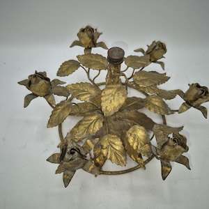 Italian Tole Gilt Florentine Gold Roses Stand Italian Tole Gold Wrought Metal Roses Florentine Style Compote ornate rococo style Hollywood