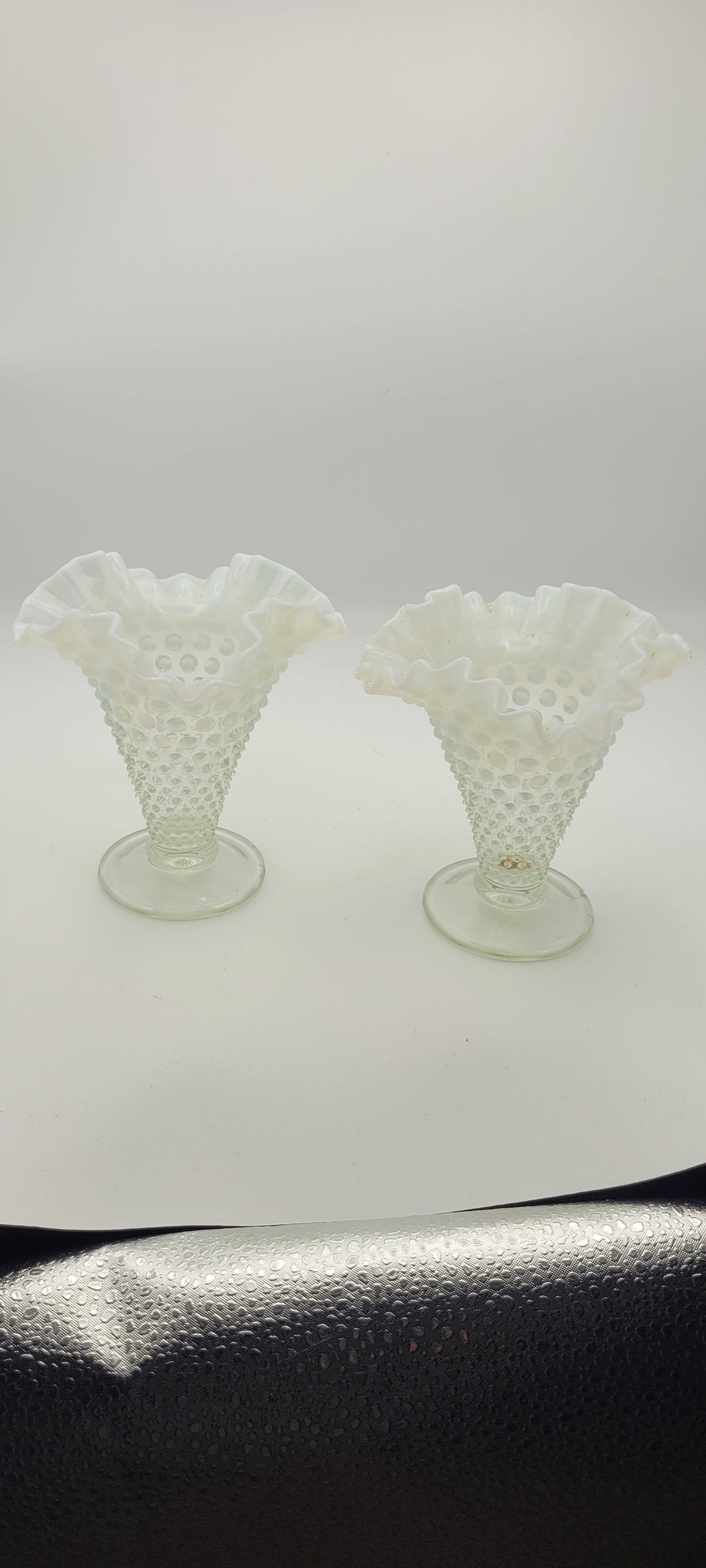 2 Vintage Fenton French Opalescent Hobnail Vases Double Crimped - Etsy