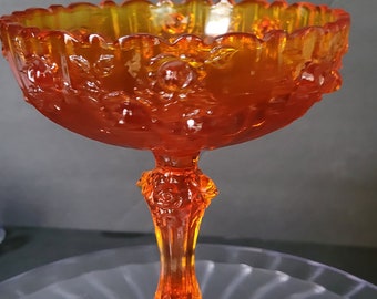 gorgeous Fenton orange glass cabbage rose stemmed compote candy dish