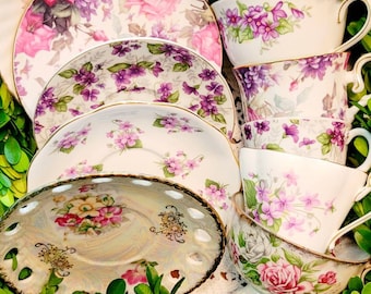 1 Vintage mismatched tea cup and saucer set wedding party baby shower decor tea party Alice in wonderland Disney quinceanera sweet 16