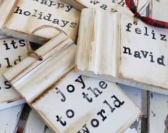 Christmas ornaments distressed salvaged vintage wood moldings with red bow burlap holder