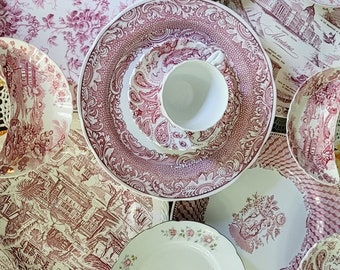 Vintage red and white mismatched dinner plate salad dessert wedding party shower decor tea party Disney quinceanera sweet 16 transferware