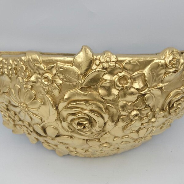 VTG HOMCO home interior syroco unmarked gold large victorian rose floral wall pocket planter sconce