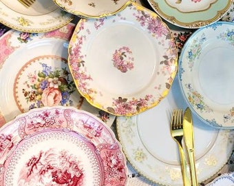 Vintage mismatched dinner china dinner plate salad sets dessert wedding plate wall baby shower tea party Alice wonderland Disney quinceanera