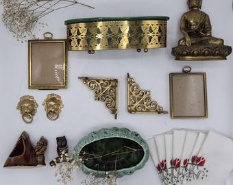 assorted mid century modern vintage decor wall decor mantle kitsch planters handkerchief embroidered flower brass statues