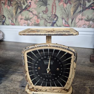 Peut inclure: Une balance mécanique vintage Kitchen King avec un corps en métal crème usé et un cadran circulaire noir. Le cadran affiche des chiffres de 0 à 25, indiquant qu'elle est conçue pour peser jusqu'à 25 livres par incréments de 2 onces.