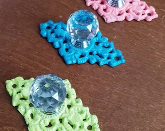 Sale! 3.75" Vintage victorian ornate crystal knob/ Shabby Chic crystal knob Hook cast iron Decor dresser knob pull