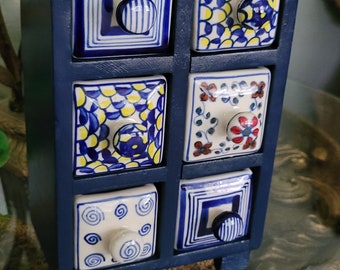 hand painted wood spice rack with 6 ceramic painted drawers Mini chest of drawers multi color designs