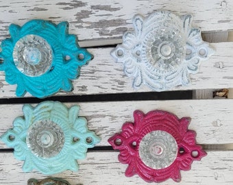 Sale! One 3.25" Vintage victorian ornate acrylic crystal  knob plate/ Shabby Chic crystal Knob Hook cast iron Decor dresser knob pull