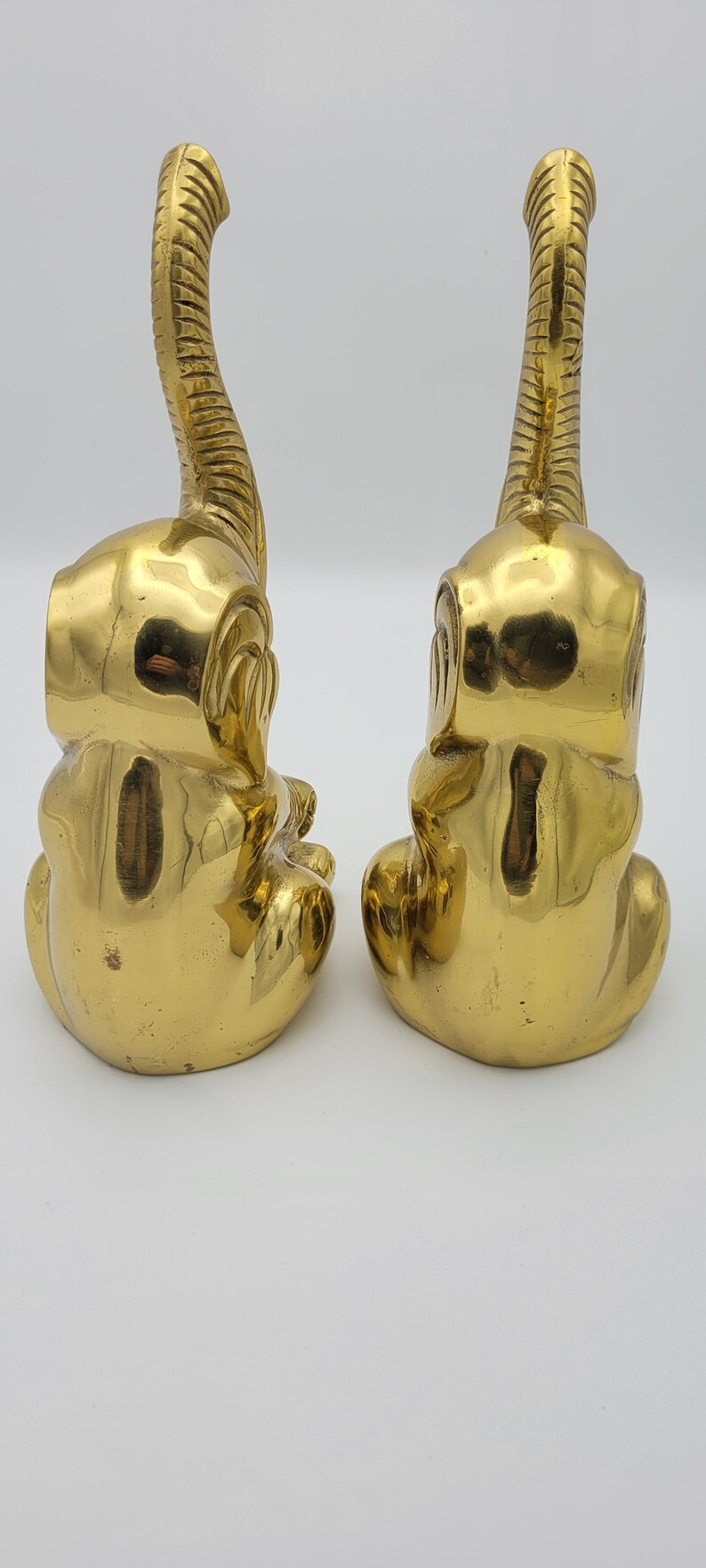 Vintage Genuine Solid Brass elephant Bookends Heavy Pair. Trunk up 9h boho Hollywood regency image 5