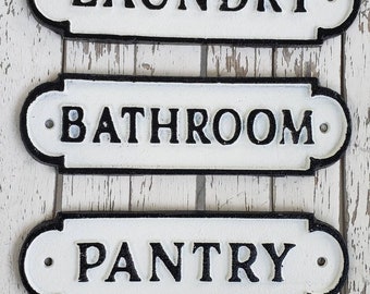 1 Vintage style door plate cast iron sign Shabby farmhouse black white plaque Shabby Chic bathroom laundry pantry rustic office Farmhouse