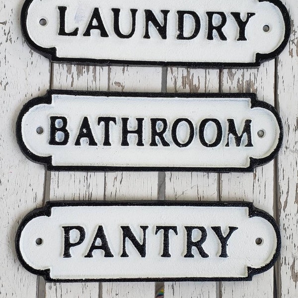 1 Vintage style door plate cast iron sign Shabby farmhouse black white plaque Shabby Chic bathroom laundry pantry rustic office Farmhouse