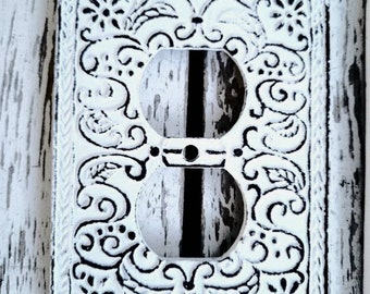 Distressed White flower Scroll Metal Outlet Cover or single switch or double switch cover