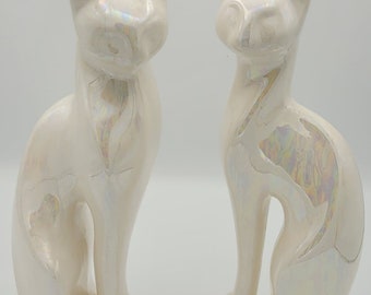 Pair Vintage tall Large Ceramic Iridescent White Persian Cat  Statue Lying Down MCM 1960s. 12"