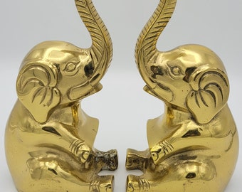 Vintage Genuine Solid Brass elephant Bookends Heavy Pair.  Trunk up 9"h boho Hollywood regency