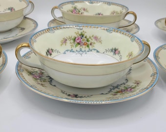1 Vintage NORITAKE CHINA soup or bouillon cup and matching plate set tea cup blue pink rose and mint green gold etching