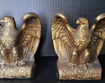 Pair vintage brass bookends spread-wing bald eagle perched on rectangular base