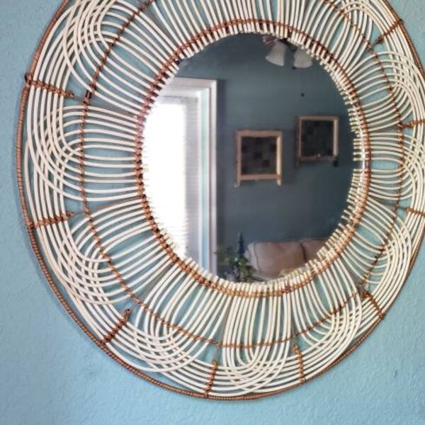 30" Round woven wood wicker rattan Mirror / 2 tone dark and natural wicker / tropical/ Mid Century Decor / boho Mirror/ MCM/ Vintage look