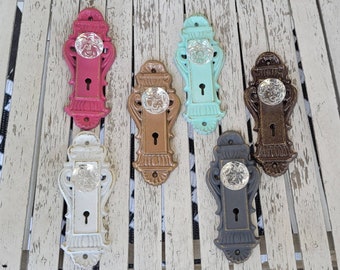 Almost sold out! 7.5" Vintage victorian crystal fsux door knob keyhole plate/ Shabby Chic crystal Door Knob Hook cast iron Curtain Tie Back