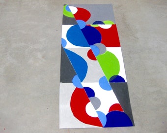 18.5 x 45.5 canvas painted floorcloth-reds,blues,white,black - artist canvas-colorful-durable.