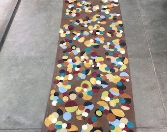 23 x 61-canvas hand painted floorcloth-brown background-colorful-mitered and hemmed-protective coatings-finished piece-ready to ship.