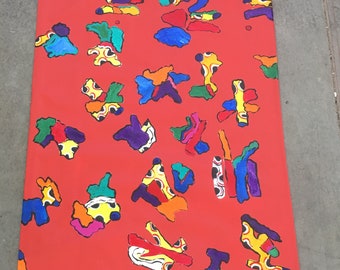 24x52” painted canvas floorcloth-mattered,hemmed,poly coated-Bright colors with small designs-floor art-easy maintenance-comes with pad.