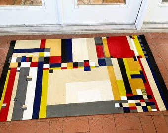 Hand Painted Contemporary Canvas Floorcloth, 3' x 5' Modern Hand Painted Floorcloth, multicolor block modern pattern home decor throw rug