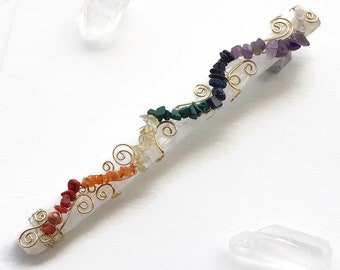 Handmade Ornate Wire Wrapped Rainbow Selenite 7 Chakra Wand / Seven Chakras Selenite (satin Spar) Crystal and Gemstone Wire Wrap Reiki Wand