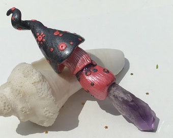 Amethyst laser crystal Clay Mushroom wand, Handmade Polymer Clay Crystal Mushroom Magic Wand, Witch Wand, Fairy Nature Art, Altar Tool