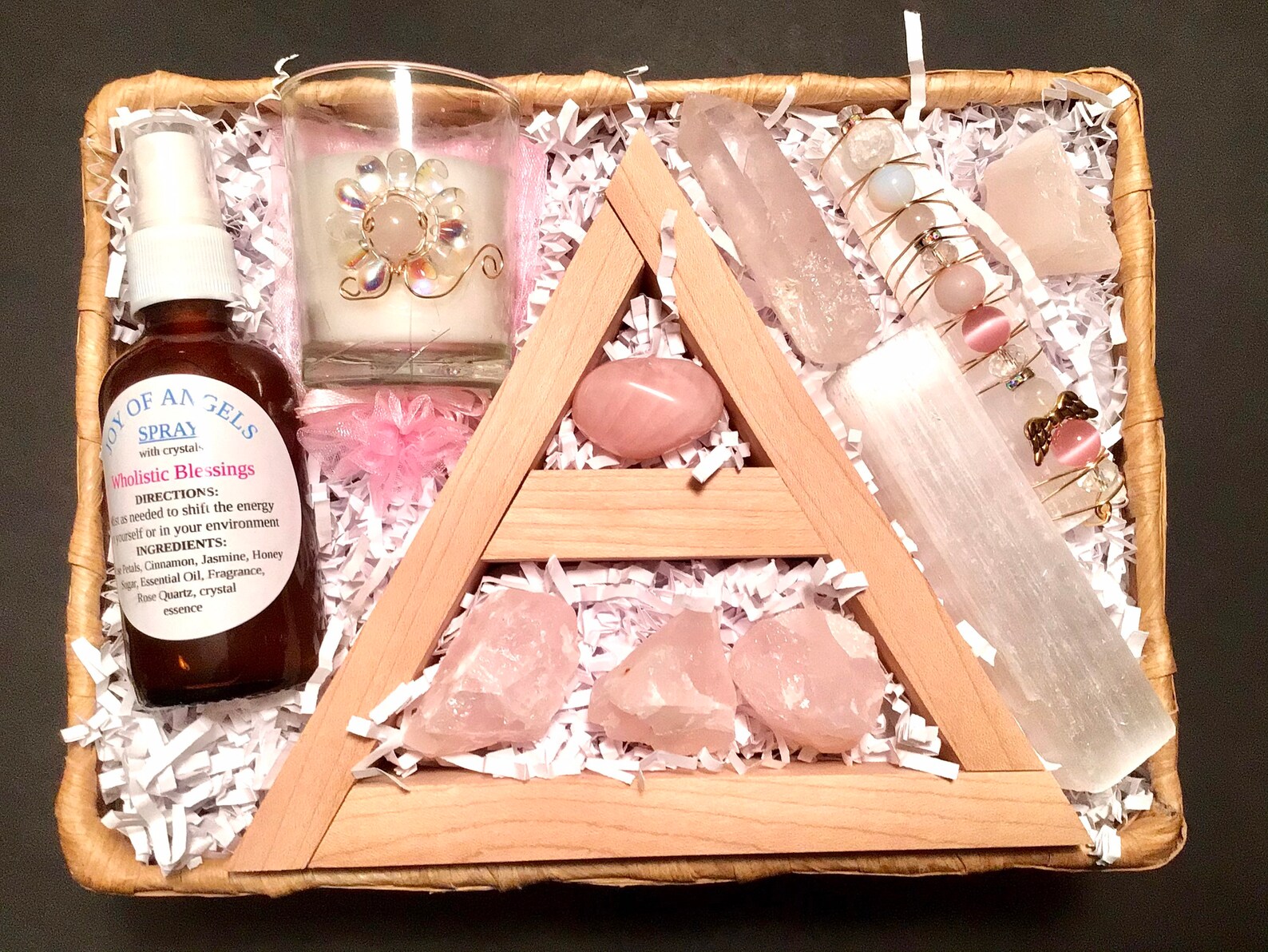 Crystal Gift Set Basket Triangle Shelf / Selenite Rose Quartz | Etsy