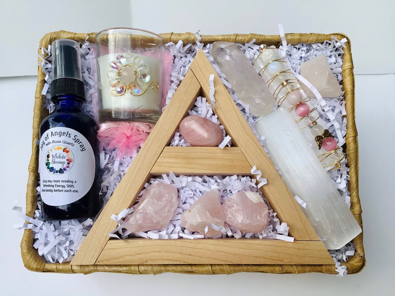 Crystal Gift Set Basket Triangle Shelf / Selenite Rose Quartz Etsy