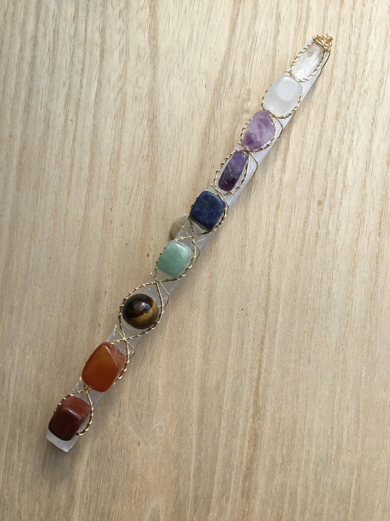 Wrapped Selenite Rainbow Chakra Wand / Reiki Infused Handmade Crystal Wand / Chakra Alignment Wire Wrap Wand CUSTOM ORDER image 9