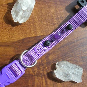 May include: A purple pet collar with a matching plastic buckle and metal D-ring. The collar is decorated with small, dark lava rock beads and purple amethyst stones. The collar is on a wooden surface with clear quartz crystals.