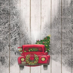 Red truck with Christmas tree - PNG file, Instant download