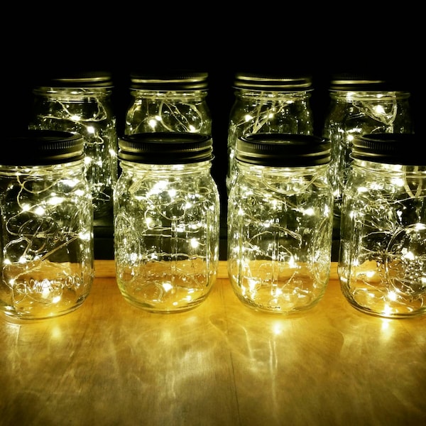 Sale!! 8 Firefly Lights and Mason Jar Centerpieces Wedding Centerpieces fairy lights vintage lights wedding rustic Wedding mason jar lights