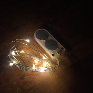 May include: A set of copper wire fairy lights with a clear battery pack. The lights are strung together in a circle and are emitting a warm white glow.