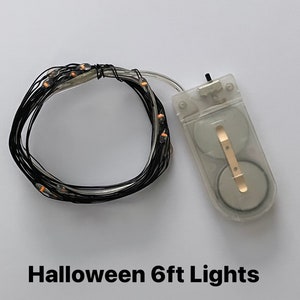 May include: A set of 6 foot long, battery-powered, orange LED fairy lights with a clear wire. The lights are coiled up and the battery pack is visible.