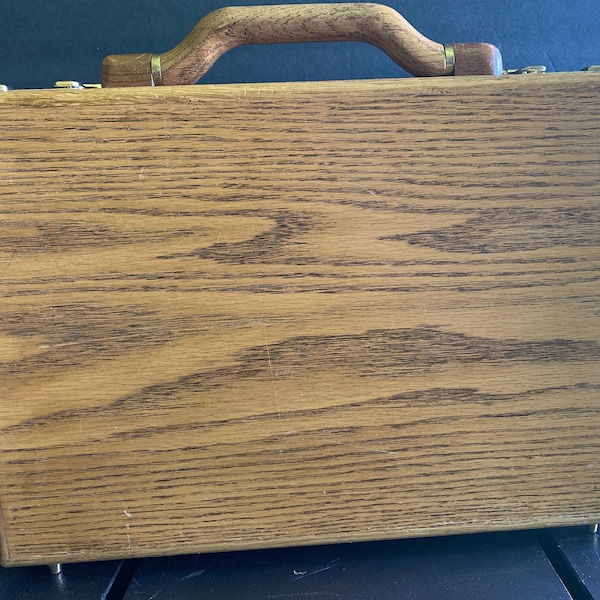 Vintage Wooden Breifcase, Presto, Orange Lining, interior pockets