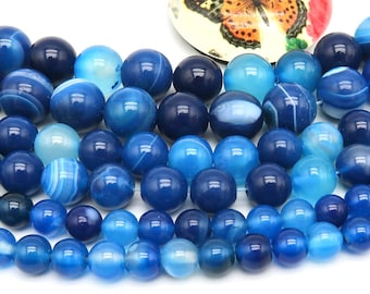 Perles d’agate à rayures bleues naturelles 4mm 6mm 8mm 10mm 12mm perles rondes en vrac Pierres précieuses d’agate à rayures bleues naturelles pour bracelets fabrication de bijoux