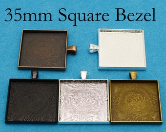 10/50 pcs - 35mm Square Bezel Pendentif Blanks, Grand plateau de pendentif - Argent / Bronze / Cuivre / Noir pour la fabrication de bijoux en cabochon ou en résine