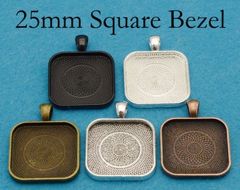 25mm Square Bezel Blank, Round Corner Pendant Tray, Cabochon Base Backing Frame Pendant Blanks for Jewelry Making