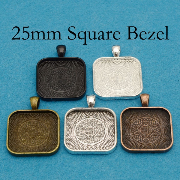 25mm Square Bezel Blank, Round Corner Pendant Tray, Cabochon Base Backing Frame Pendant Blanks for Jewelry Making