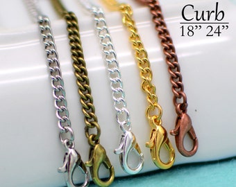 Curb Necklace 18 24 Inches, 3mm Curb Link Necklace, Curb Chain Necklace, Sturdy Necklace, Men Women Necklace- Gold Bronze Silver Copper