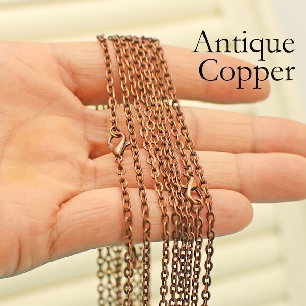 10/50 x Antique Copper Necklace for Women,  18 24 30 Inch Copper Chain Necklace, Cable Link Oval Rolo Necklace Wholesale for Jewelry Making