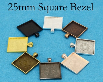 25mm Square Pendant Blanks, Square Bezel Blank Setting, Square Pendant Tray Cabochon Base - Silver Bronez Copper Black Gold
