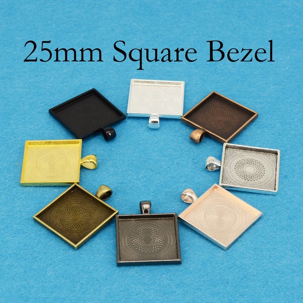 25mm Square Pendant Blanks, Square Bezel Blank Setting, Square Pendant Tray Cabochon Base - Silver Bronez Copper Black Gold