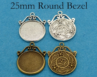 25mm Round Pendant Tray, Flower Pattern Blank Bezel Setting for Glass Cabochon, Cameo, Epoxy, Polymer Clay DIY Jewelry Making