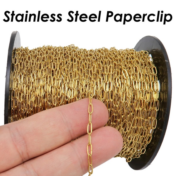Paper Clip Chain Bulk, Silver Gold Stainless Steel Paperclip Chain for Necklace Making, Rectangle Link Chain Bulk Wholesale